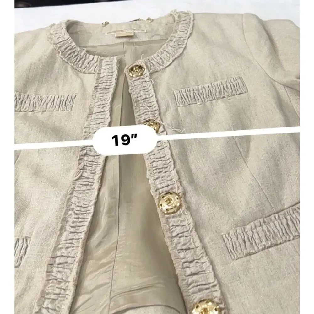Michael Kors Linen Peplum Cropped Blazer Jacket Beige Gold Buttons Women's sz 6P